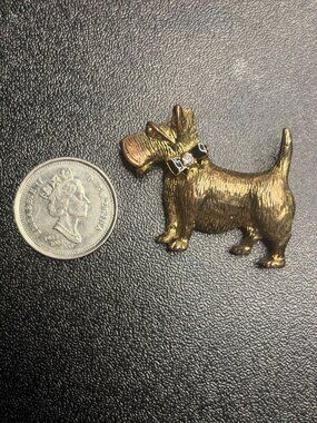 Vintage Avon Scottie Dog Brooch Gold Tone Black Bow Rhinestone Pin